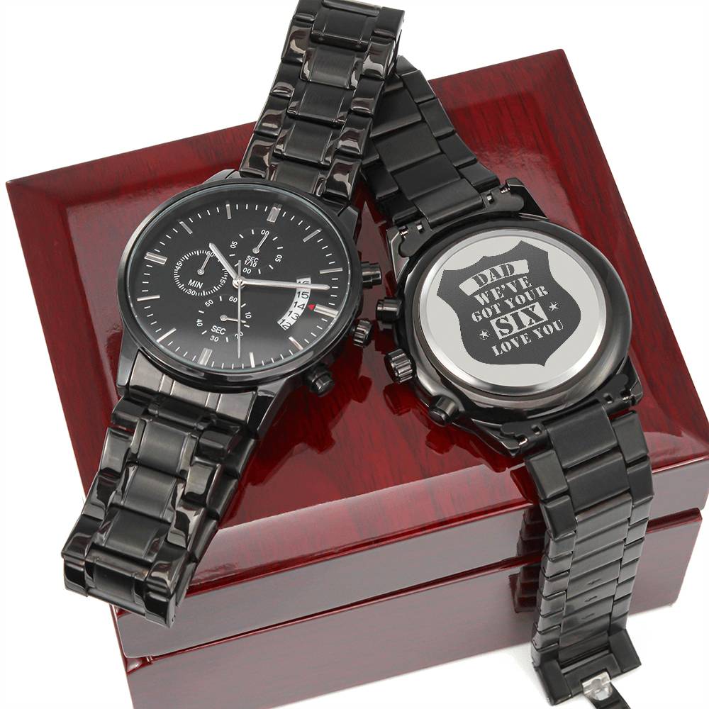 Men's Engraved Watch, We've Got Your Six, Charcoal Black, Gift Watch